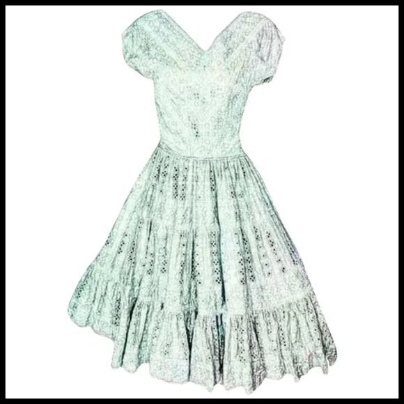 Vintage Rockabilly Dress Fit & Flare Aqua Cotton Eyelet 50s New Look VFG - Picture 8 of 16